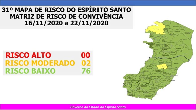 mapa31 - Covid-19: dois municípios capixabas com Risco Moderado; Guarapari se mantém Risco Baixo