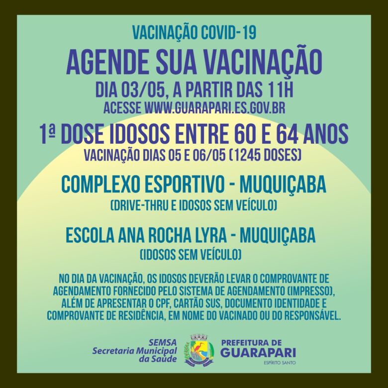 vacina 6064 - Guarapari abre novo agendamento para vacinar idosos de 60 a 64 anos contra Covid-19