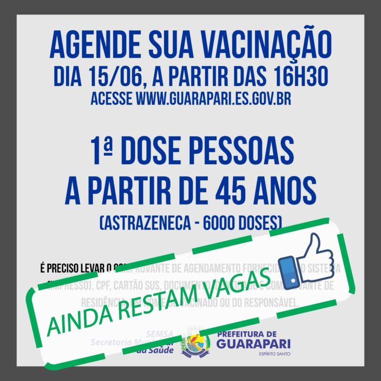 vagas 45 - Ainda há vagas para pessoas a partir dos 45 anos se vacinarem contra Covid-19 em Guarapari