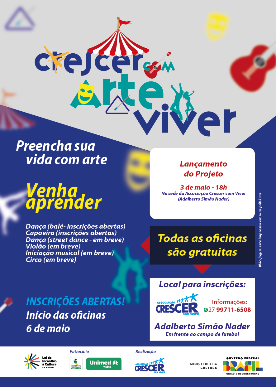 CrescerComViver Folheto Prancheta 1 - Crescer Arte Viver: projeto oferece oficinas gratuitas para todas as idades em ONG de Guarapari