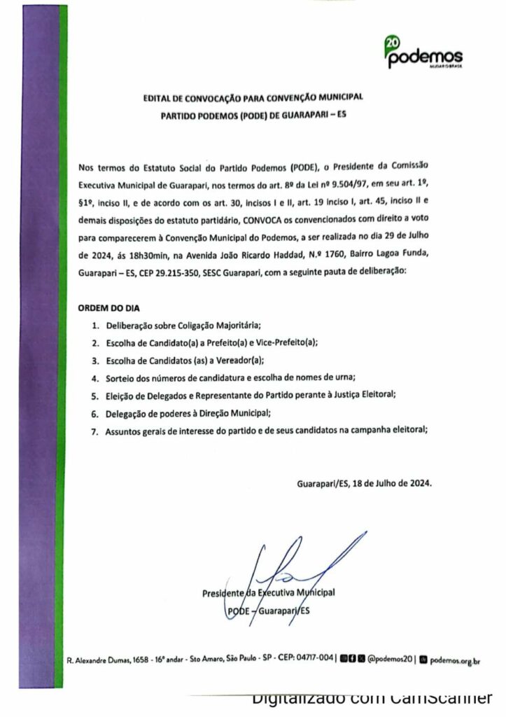 CamScanner 18 07 2024 11.43 page 0001 - Edital de Convocação para Convenção Municipal Partido Podemos (PODE) de Guarapari