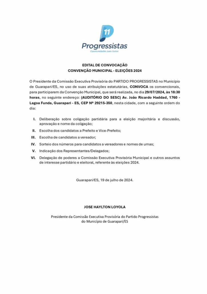 Edital de Convocacao Progressistas 2024 page 0001 - EDITAL DE CONVOCAÇÃOCONVENÇÃO MUNICIPAL - ELEIÇÕES 2024