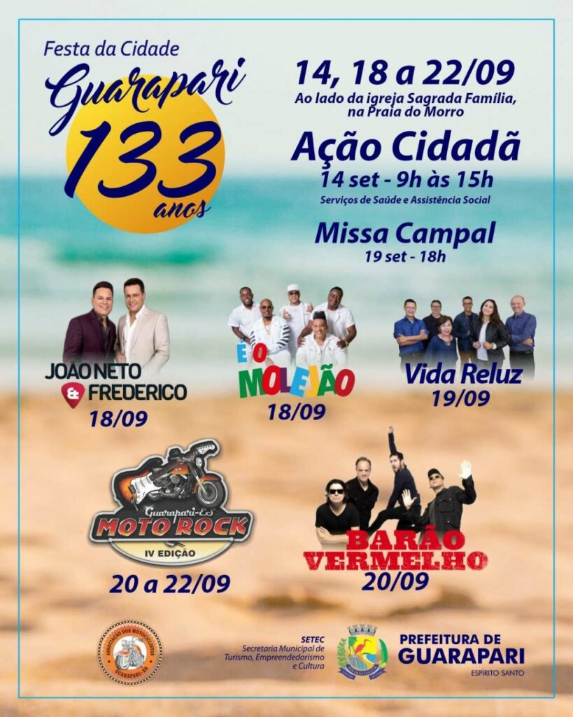 Festa da cidade 2024 - Festa da Cidade: primeira noite terá shows de Molejo e João Neto e Frederico em Guarapari