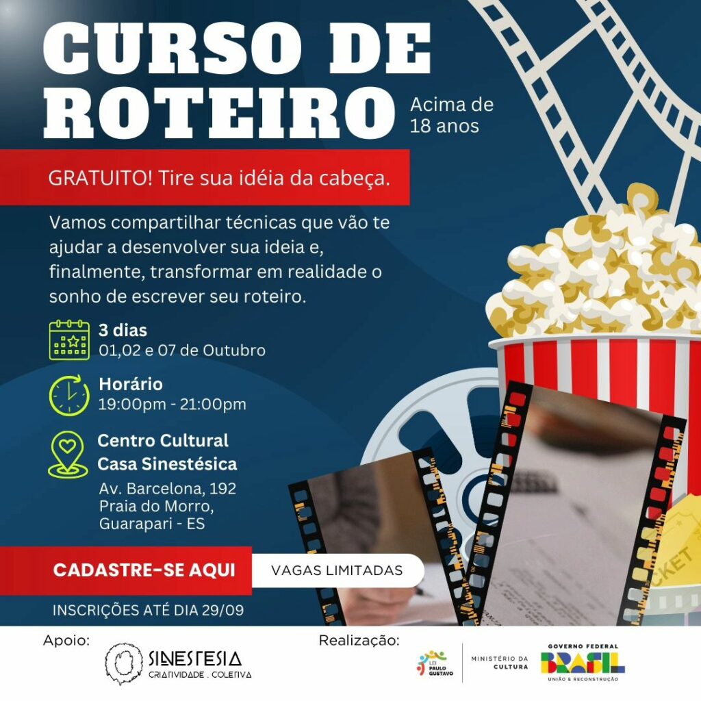 curso de roteiro - Inscrições para curso gratuito de roteiro em Guarapari terminam neste domingo (29)