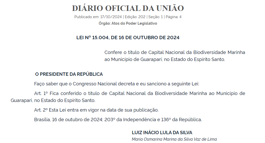 Captura de tela 2024 10 17 095924 - Presidente Lula sanciona lei que oficializa Guarapari como Capital da Biodiversidade Marinha