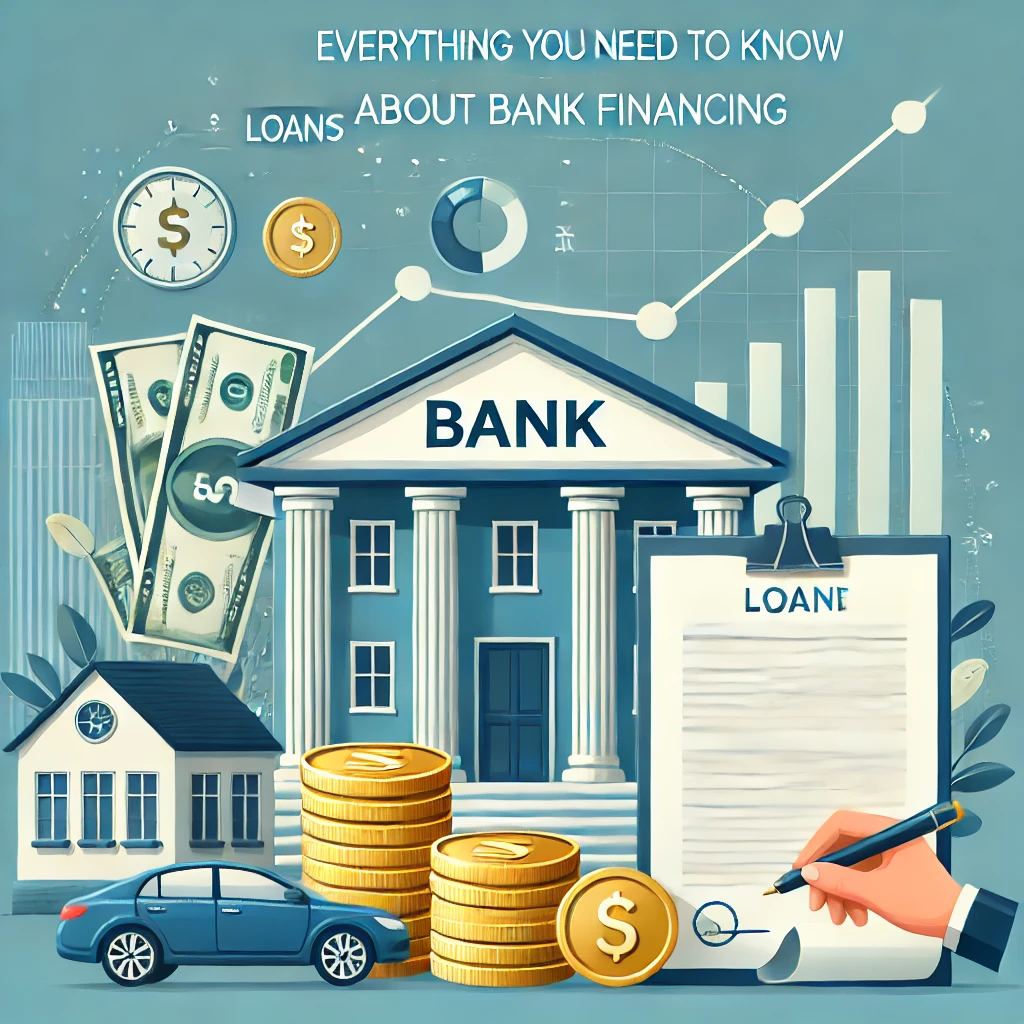 DALL·E 2024 10 01 14.46.33 A professional and modern cover image for an article titled Everything You Need to Know About Loans and Bank Financing. The image shows a bank build - Coluna Entenda Direito: O que você consumidor precisa saber sobre empréstimos e financiamentos bancários