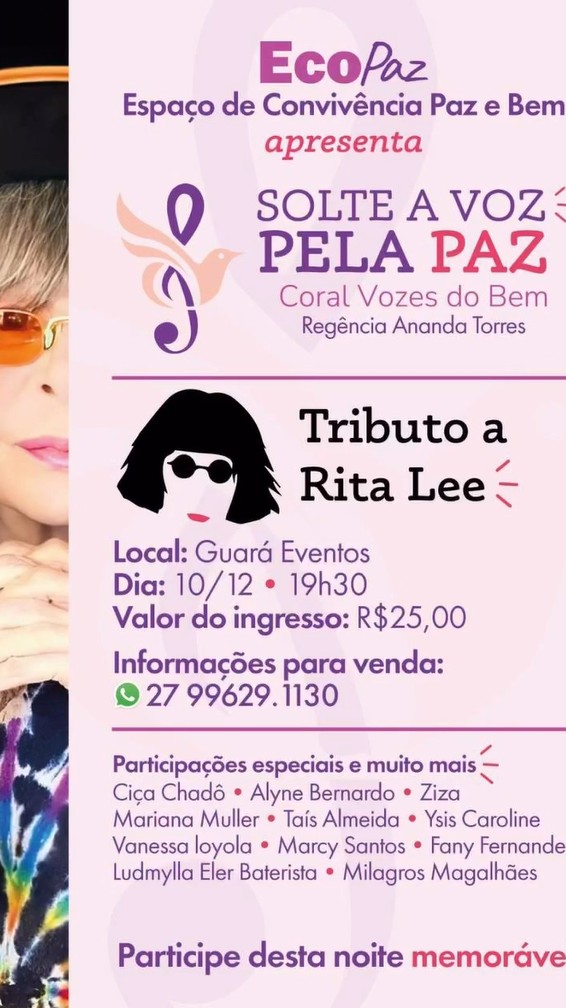 Poster ecopaz - Solte a Voz pela Paz: show beneficente do EcoPaz homenageia Rita Lee em Guarapari