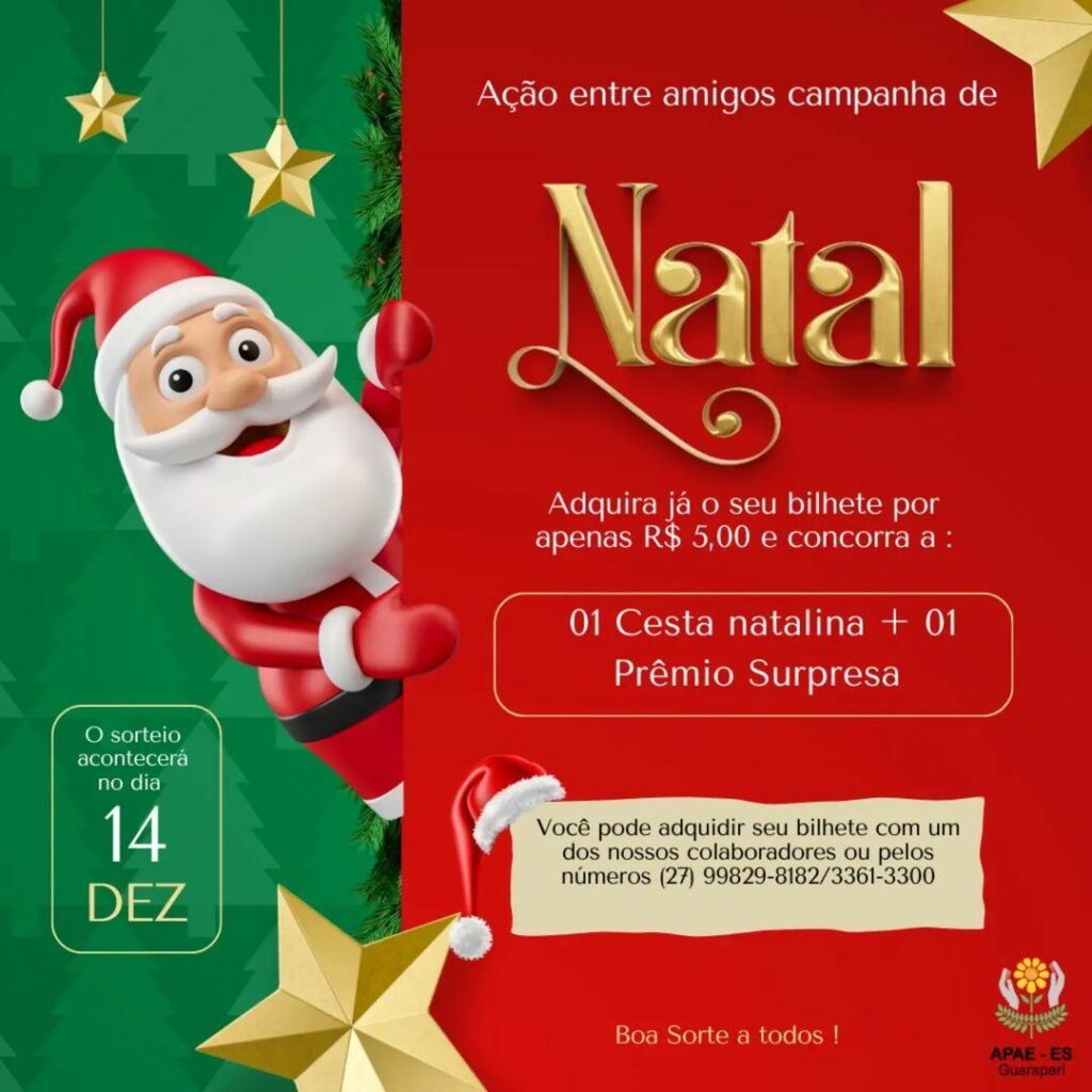 acao entre amigos natal - Apae Guarapari realiza ação entre amigos com sorteio de prêmios para arrecadar recursos