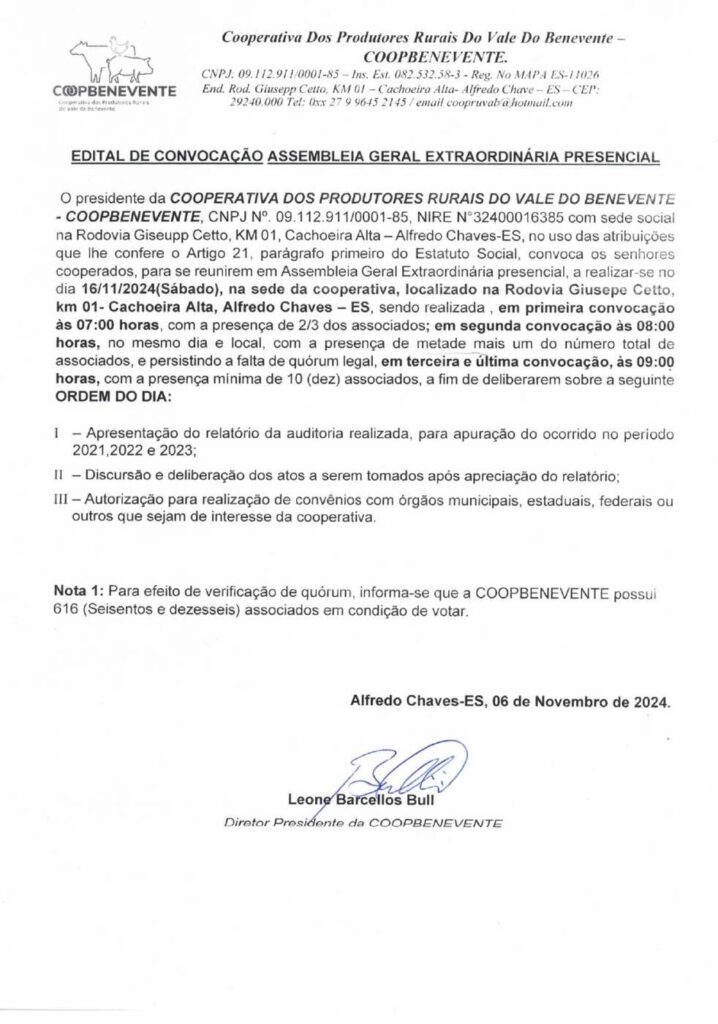 coopbenevente page 0001 - COOPBENEVENTE - Edital de Convocação Assembleia Geral Extraordinária Presencial