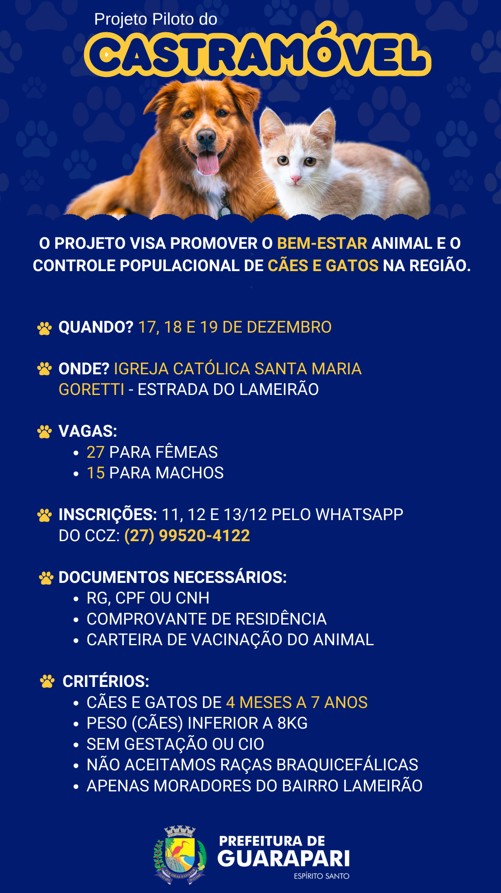 Projeto piloto - Prefeitura de Guarapari inicia projeto-piloto do Castramóvel no bairro Lameirão