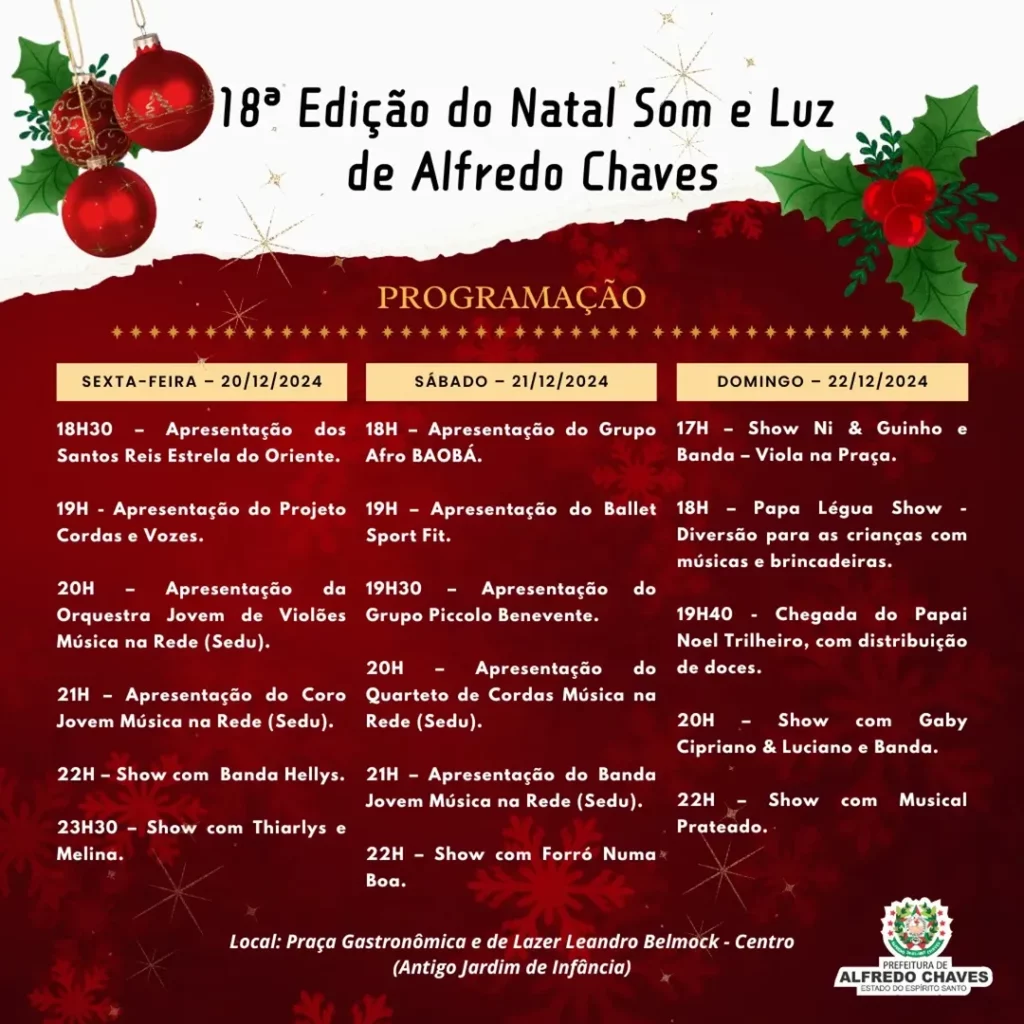 natal - Alfredo Chaves dá boas-vindas ao Natal com música e apresentações culturais nesta sexta-feira (20)