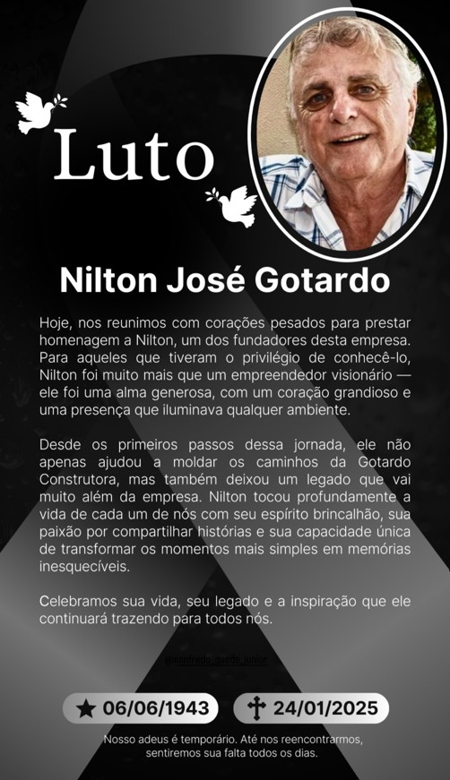 Falecimento nilton Gotardo - Morre Nilton Gotardo, um dos fundadores da Gotardo Construtora em Guarapari