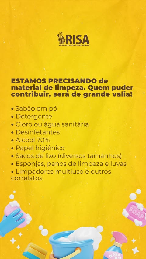 materiais de limpeza - Recanto dos Idosos arrecada doações de materiais de limpeza em Guarapari; saiba como ajudar