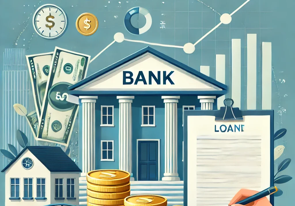 DALL·E 2024-10-01 14.46.33 - A professional and modern cover image for an article titled 'Everything You Need to Know About Loans and Bank Financing'. The image shows a bank build